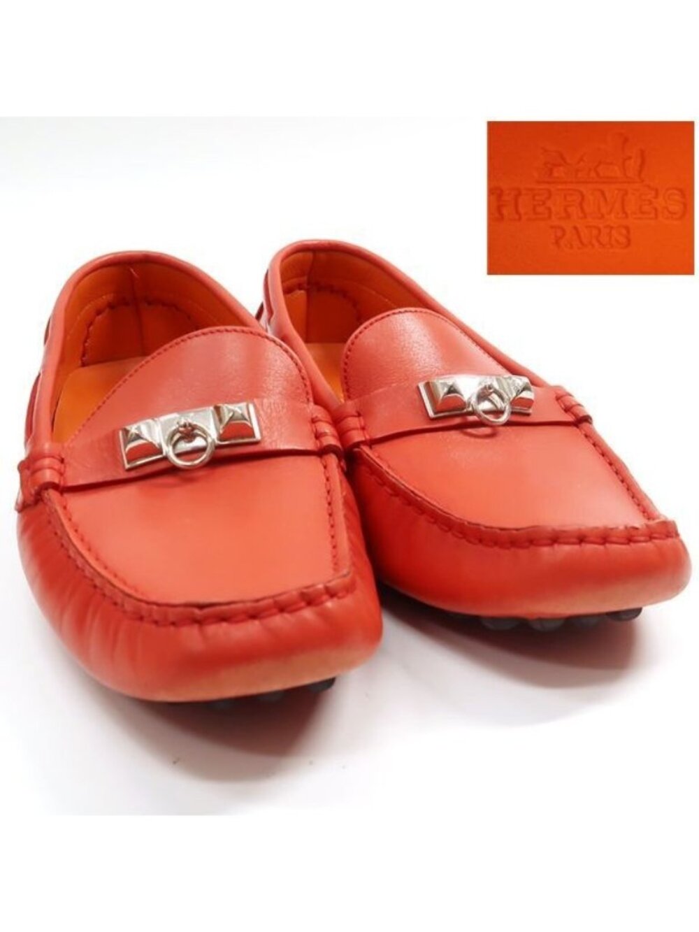 Hermes Moccasins Irving Driving Shoes Orange 38